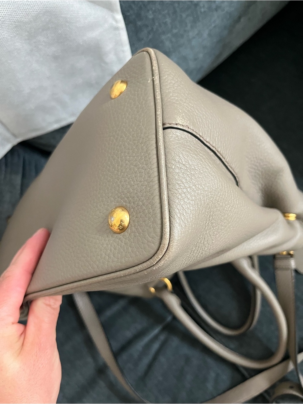 100% AUTH Prada Taupe Pebbled Leather Satchel with Gold Hardware - Picture 10 of 14